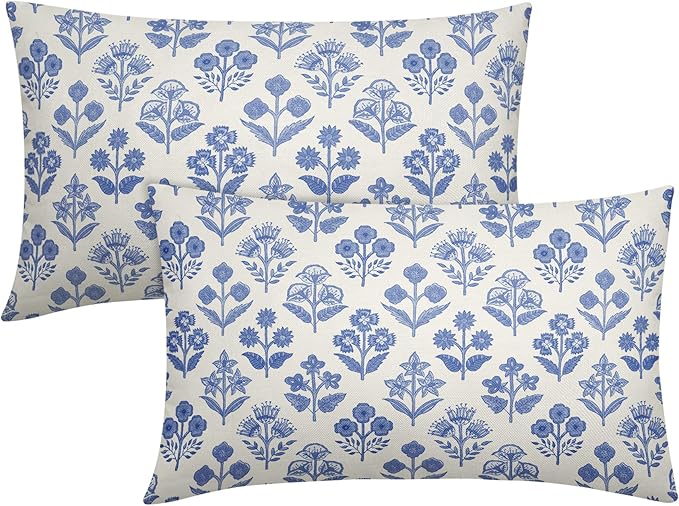 Blue Floral Pillow Covers 12x20 Inch Set of 2, Block Print Lumbar Flower Cream Decorative Throw Pillowcases Outdoor Farmhouse Rectangle Cushion Covers Spring Summer Sofa Couch Bed Decor