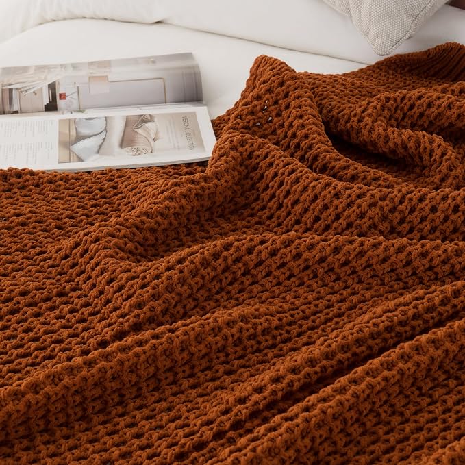 Waffle Knit Blanket Throw, Fall Caramel Throw Blanket for Couch, 60"x80" | Chunky Chenille Throw Blanket, Soft Rust Throw Blanket for Home Decor, Autumn, Sofa, Modern Farmhouse Knitted Style