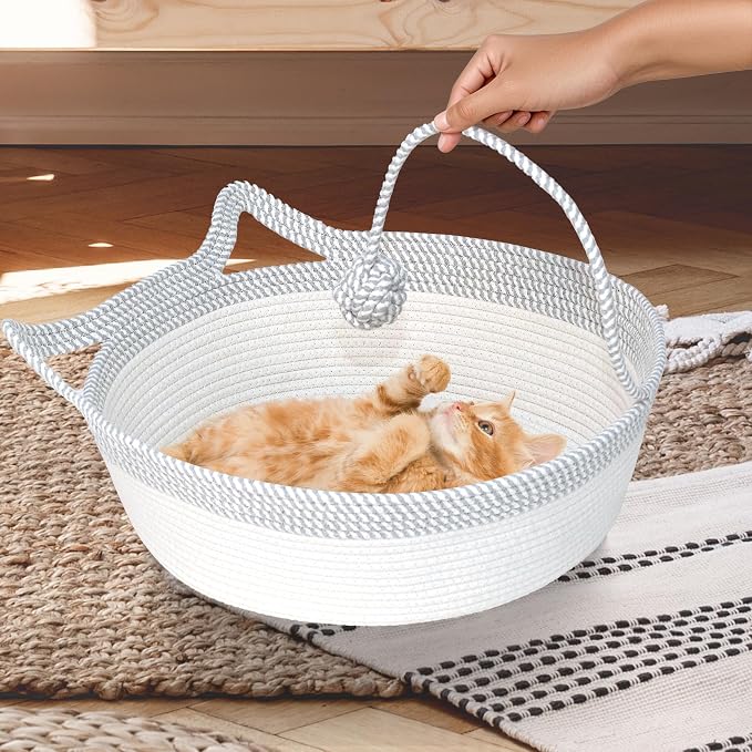 Cat Bed, Cotton Rope Instinct Basket for Cats, Handwoven Cat Beds | Stimuli Handwoven Basket for Cat, Pet Sleeping Bed with Rope Ball, Puppies, Rabbits and Small Pets(Medium, Gray & White)
