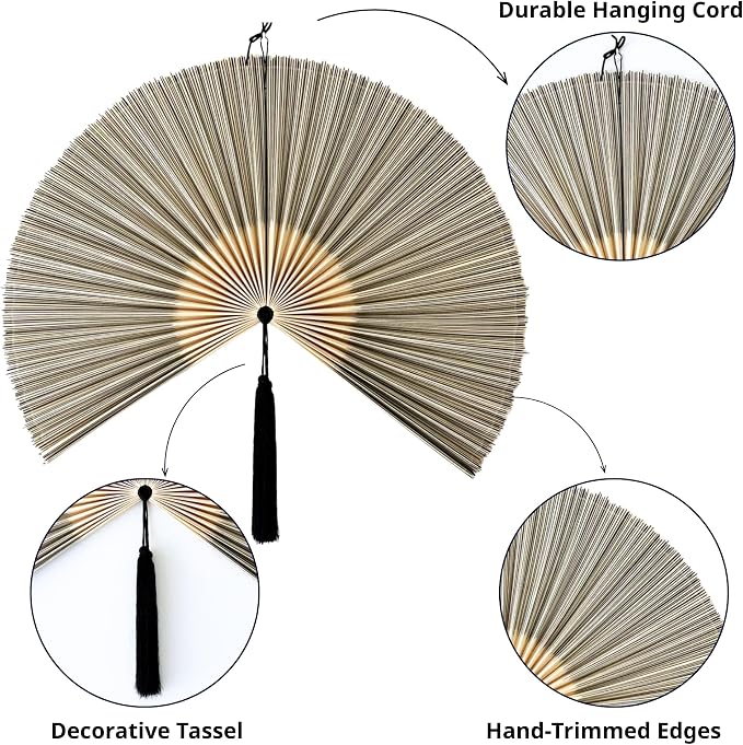 ChumDecor Bamboo Fan Wall Decor, Japanese Wall Fan Decoration, Gray 40 in | Large Oriental and Asian Style Hanging Decoration for Above the Bed Headboard Dresser or an Empty Living Room Space