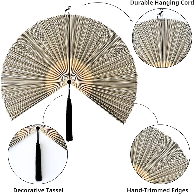 ChumDecor Bamboo Fan Wall Decor, Japanese Wall Fan Decoration, Gray 31 in | Cute Decorative Oriental and Asian Style Hanging Piece for Above the Bed Headboard Nightstand or Small Living Room