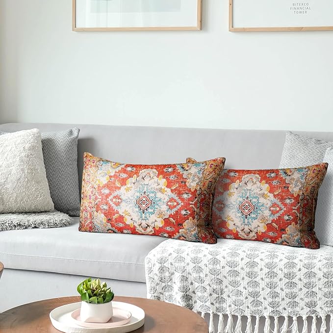 Snycler Boho Throw Pillow Covers 12x20 inch Set of 2 Boho Rug Carpet Double Sided Pattern Cotton Soft Pillow Case Cushion Cover Pillowcase for Couch Sofa Bed Decorative (Orange)