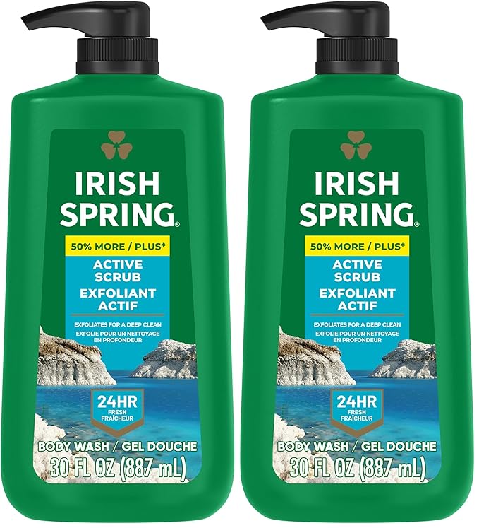 Irish Spring Active Scrub Exfoliating Body Wash for Men, 24-Hour Fresh, Biodegradable Ingredients, Paraben Free, Cool Fresh Scent, 30 fl oz Pump Bottle (Pack of 2)