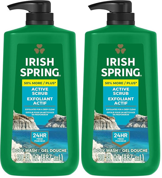 Irish Spring Active Scrub Exfoliating Body Wash for Men, 24-Hour Fresh, Biodegradable Ingredients, Paraben Free, Cool Fresh Scent, 30 fl oz Pump Bottle (Pack of 2)