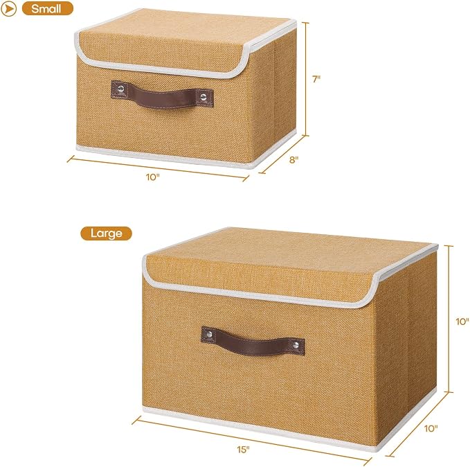 ANMINY Fabric Storage Box Bins with Lids, Khaki, 10"x8"x7" | Keepsake Memory Storage, Cotton Linen, PP Board Reinforced, Washable, PU Handles, Foldable & Stackable, Decorative, Small