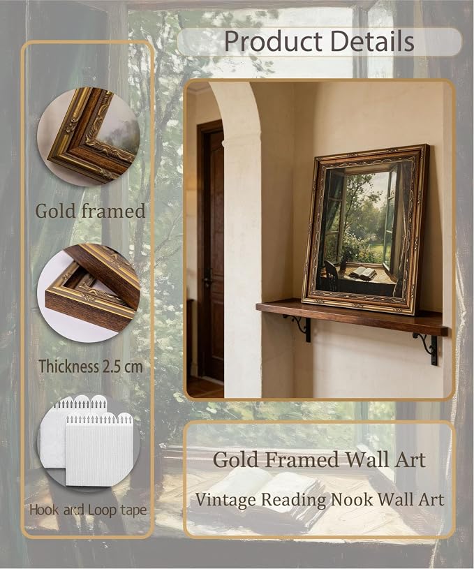 Gold Framed Wall Art Vintage Reading Nook Wall Art Dark Academia Bookish Wall Decor Picture Country Cottagecore Reading Poster Print for Gallery Library Bookstore Decoration 12x16in