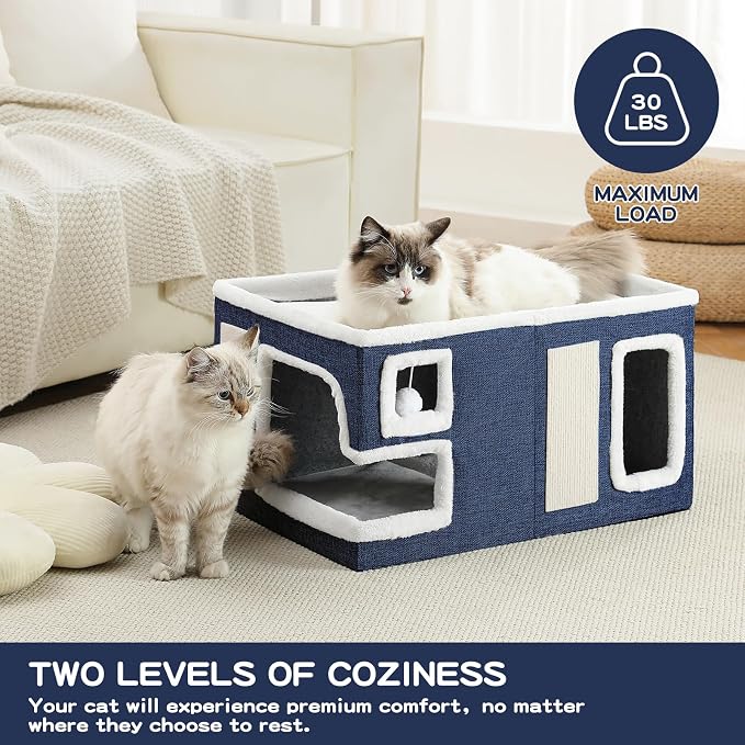 Large Cat Houses for Indoor Cats, Extra Wide Cat Cave Bed with Scratch Pad and Fluffy Ball, Foldable Cat Hideaway Condo for Large Cats, Modern Kitten Bed,23x16x13 inches (Blue, X-Large)