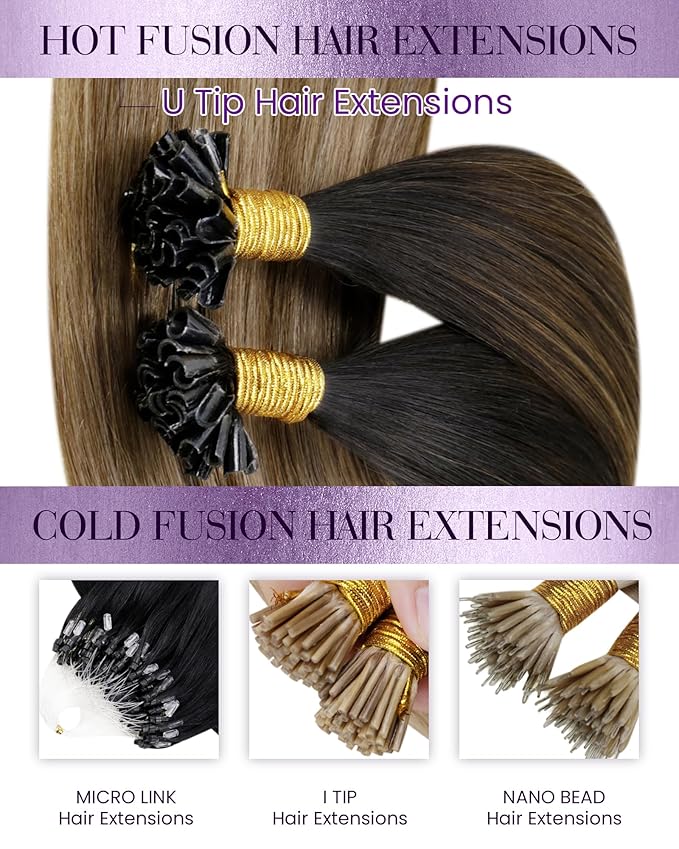 LaaVoo K Tip Hair Extensions Real Human Hair Balayage Brown Utip Hair Extensions Human Hair Ombre Dark Brown to Chestnut Brown with Ash Brown Pre Bonded 50g/s 14inch