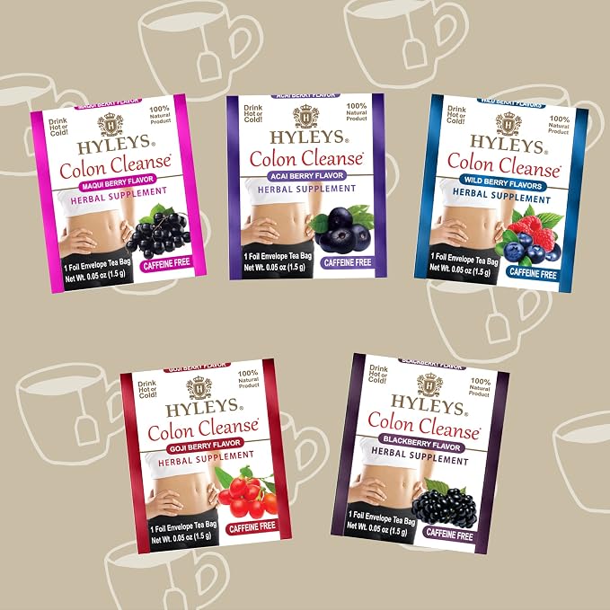 HYLEYS Colon Cleanse Tea, Assorted Flavors - 504 Individually Wrapped Herbal Tea Bags (12 Pack of 42) - Caffeine Free, Vegan