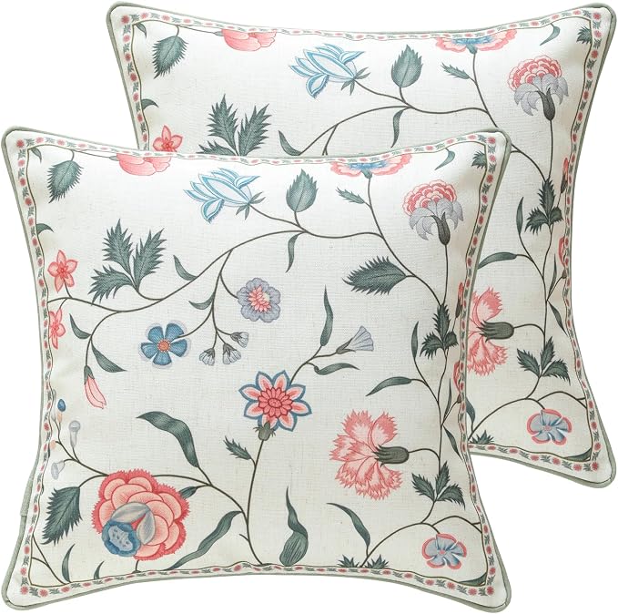 Designer Linen Throw Pillow Cover,Set of 2,18"x18"-Estevan A | Vintage French Elegant Square Pillow Cover,Concealed Zipper Design,Floral Pattern,Sofa,Bedroom,Living Room,Lounge Chairs