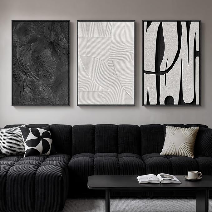 Large Framed Black and White Wall Art for Living Room, 3 Piece Abstract Canvas Prints Paintings, Modern Minimalist Artwork for Walls, Pictures Wall Decor for Office Dining Room Bedroom, 24x36 In