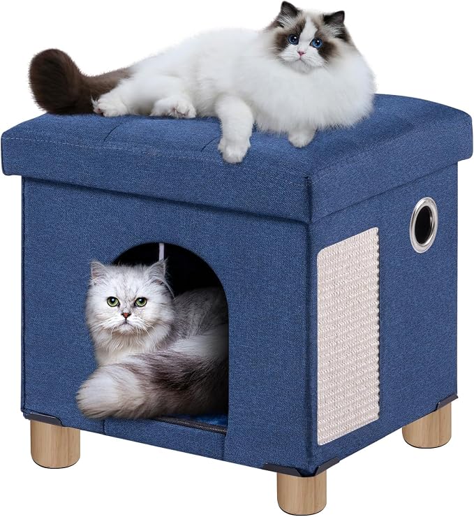 BRIAN & DANY Cat Beds for Indoor Cats,Cat Cave House for Kitten with Scratch Board & Ball, 14.7" x 14.1” x 12.7”, Blue