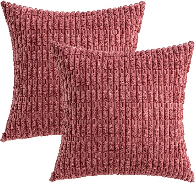 MIULEE Corduroy Decorative Throw Pillow Covers 16x16 Crimson Pack of 2 | Soft Boho Striped Pillow Covers Modern Farmhouse Home Decor For Sofa Living Room Couch Bed