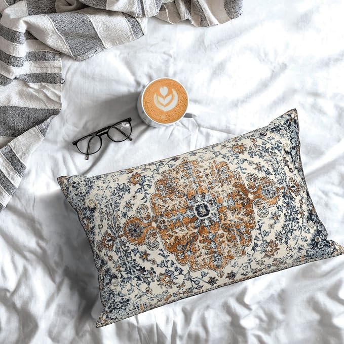 AEIOAE Rust Blue Pillow Covers 12x20 Inch Set of 2,Boho Throw Pillows Case,Carpet Pattern Ethnic Design Outdoor Decorative Square Linen Farmhouse Decor Cushion Covers for Home Sofa Bed Couch