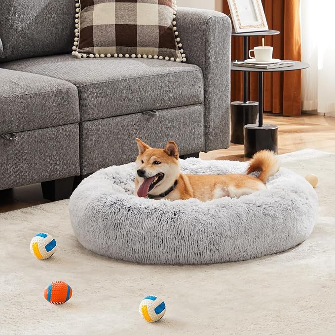 DUMOS 37.4x37.4 Inch XL Donut Dog Bed for Indoor Use, Fluffy Faux Fur Plush | Warming Cozy Round Pet Bed, Machine Washable Cuddler, Anti-Slip Bed for Dogs and Cats, Grey