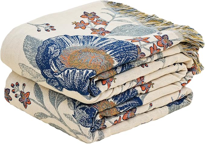 VANJOROY Boho Throw Blanket, 100% Organic Cotton Breathable Ultra Soft Bed Quilt Throw - All Season Floral Bird Butterfly Farmhouse Decor Blanket for Sofa Couch Chair and Gift. 60" x 80"