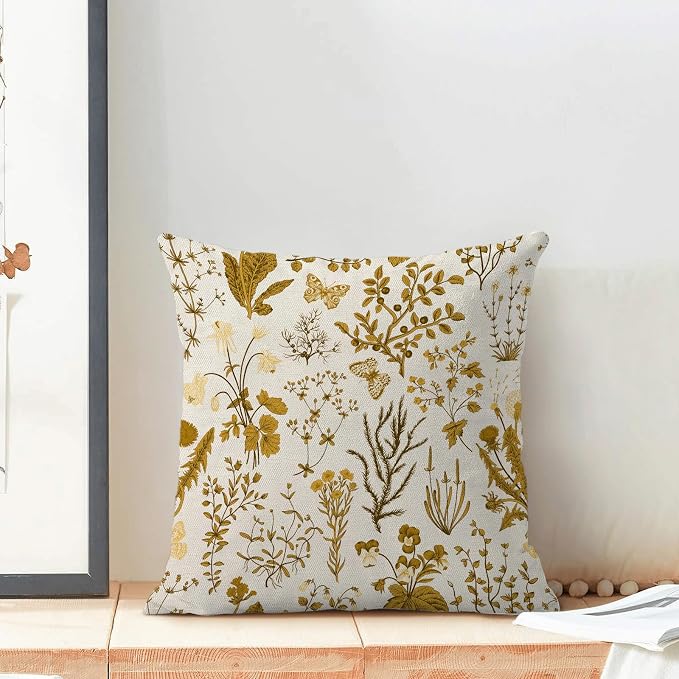 AEIOAE Summer Pillow Covers 18x18 Inch Set of 2,Mustard Yellow Wild Flower Plant Throw Pillows Case,Seasonal Floral Outdoor Decorative Square Linen Farmhouse Decor Cushion Covers for Home Couch