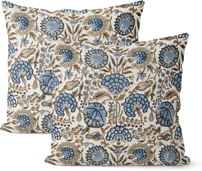 Block Print Pillow Covers 18x18 Inch Pack Of 2 Boho Blue Brown Floral Decor Throw Pillow Covers Spring Summer Flower Pillowcase Outdoor Farmhouse Decorative Square Cushion Cover for Home Couch
