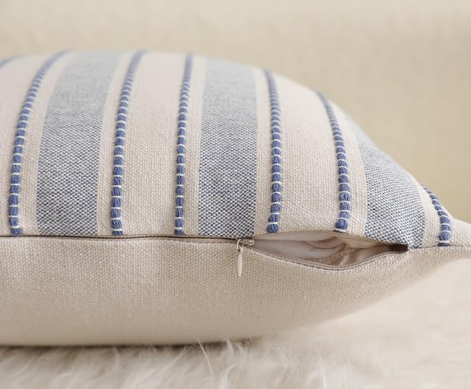Cethom Decorative Boho Throw Pillow Covers, Farmhouse Textured Pillow Case, 22 x 22 Inch Set of 2, Chair Sofa Bedroom Living Room Home Decor Couch Cushion Case, Classic Blue and Beige Striped