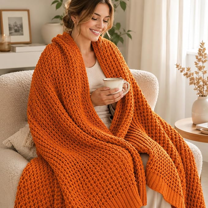 Burnt Orange Throw Blanket for Couch, Fall Waffle Knit Throw Blanket 50x60 | Chunky Chenille Throw Blanket, Soft Warm Decorative Fall Blanket for Sofa Bed, Ideal Fall Home Decor