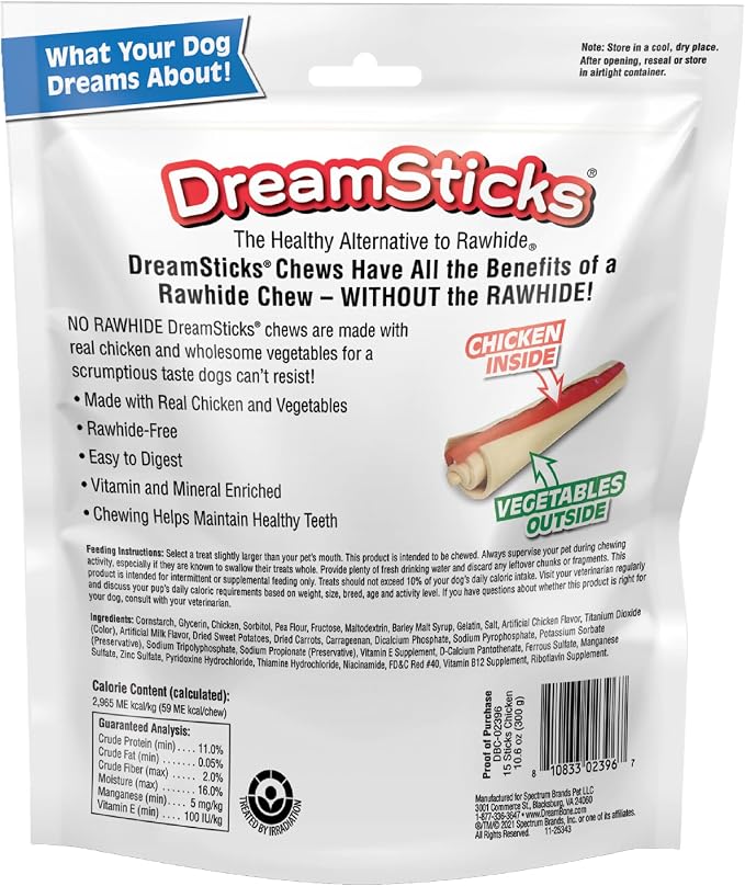 DreamBone DreamSticks Rawhide-Free Dog Treats With Real Protein, 15 Count | Daily Chew, Digests Safely and Completely, Made With Real Chicken and Veggies, For Adult Dogs