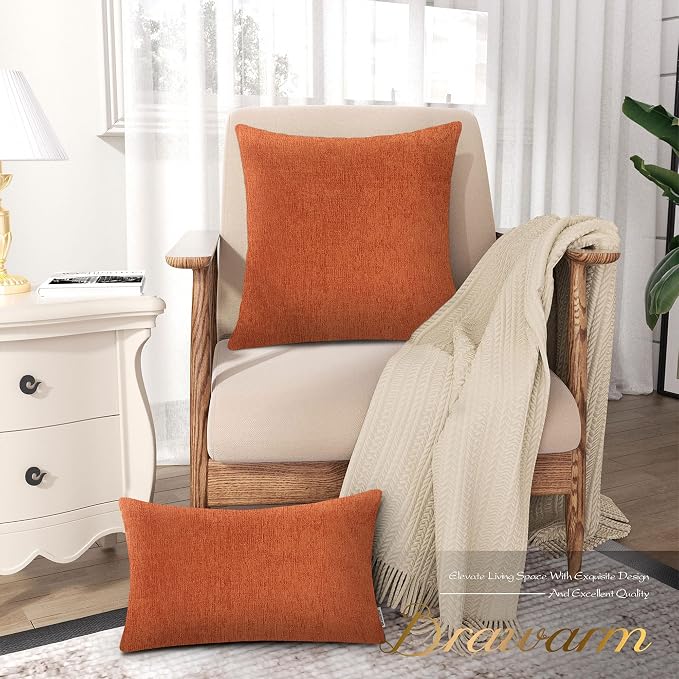 BRAWARM Throw Pillow Covers 20x20 Inches - Burnt Orange Chenille Pillow Covers Pack of 2, Solid Dyed Soft Chenille Pillow Cases for Couch Sofa Bed Home Decoration