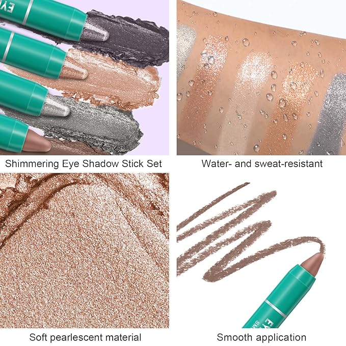 4Pcs Eyeshadow Stick, Cream Eye Shadow Brightener Sticks Set for Eyes, Champagne Pearl Taupe Bronze Cocoa Stone Putty Smoky Amethyst Shimmer Matte Pencil Eye Eye Liner Makeup Waterproof (4PCS B)