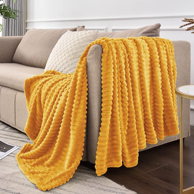 BEDELITE Ribbed Mustard Yellow Fleece Throw Blanket for Couch, 50x70 Inch | Soft Warm Decorative Fluffy Blanket, Cozy Plush Lightweight Fuzzy Throw Blanket for Bed Sofa Home Room Decor, Gift for Women