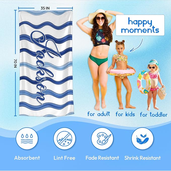 JML Custom Beach Towel with Name, Personalized Microfiber Beach Towel with Name, Large, Soft, Quick Dry & Absorbent for Swim, Pool,Adult,Summer Holiday,Vacation,Travel,Gift for Anniversary, Birthday