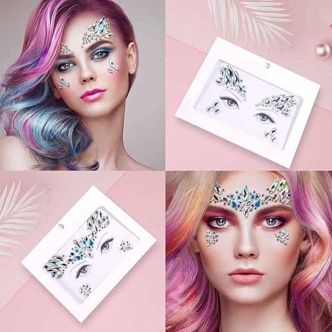 SAOROPEB Face Gems - 6 Sets Mermaid Face Jewels Temporary Tattoo Stickers Acrylic Crystal Glitter Stickers Waterproof Eye Gems Stick On Rainbow Tears Rhinestone for Party, Rave Festival