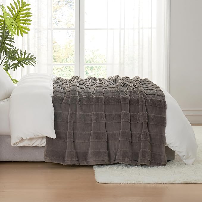 Luxury Striped Faux Fur Throw Blanket for Couch, Soft Cozy Fuzzy Fluffy Soft Plush Blankets Sofa Chair Gift Blankets for Women, 60"x80", Charcoal Gray