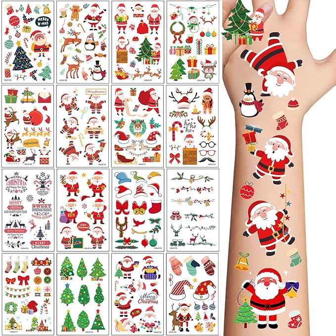 Christmas Temporary Tattoos for Kids, 240PCS Cartoon Xmas Body Stickers, Santa Claus Snowman Reindeer Socks Face Fake Tattoo Makeup, Christmas Holiday Party Favor Supplies Decorations Boys Girls