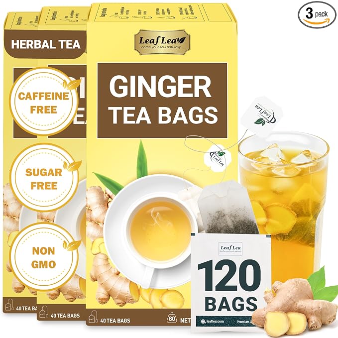 LeafLea Ginger Tea Bags, Spicy Pure Ginger Herbal Tea, 120 Count | Bold Single-Ingredient Brew, Individually Foil-Wrapped, Family Value Pack, Caffeine-Free, Gluten-Free