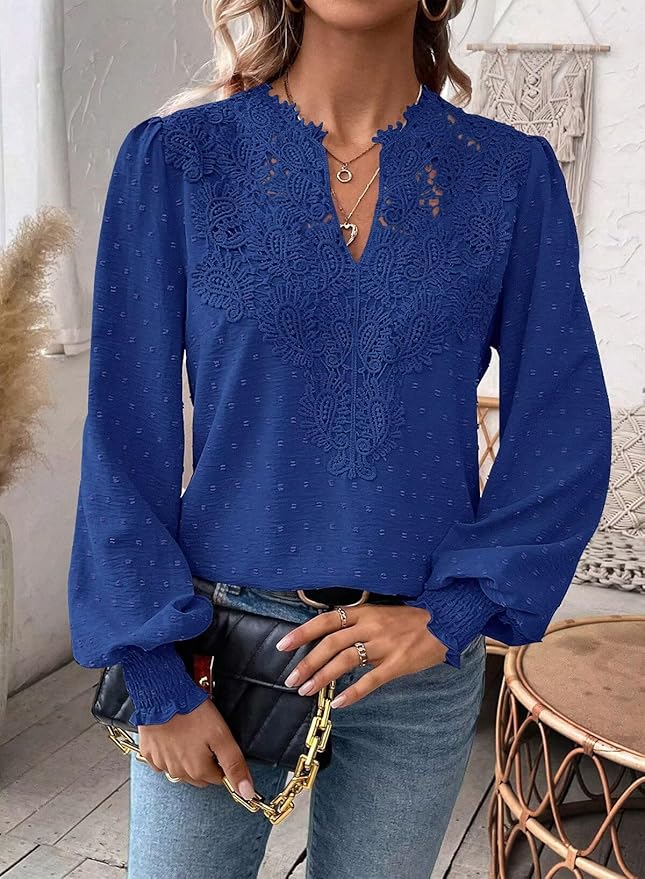 Womens Tops Swiss Dot Boho Long Sleeve Shirts V Neck Casual Chiffon Blouses Flowy Lace Hem Cute Clothing Trendy 2026