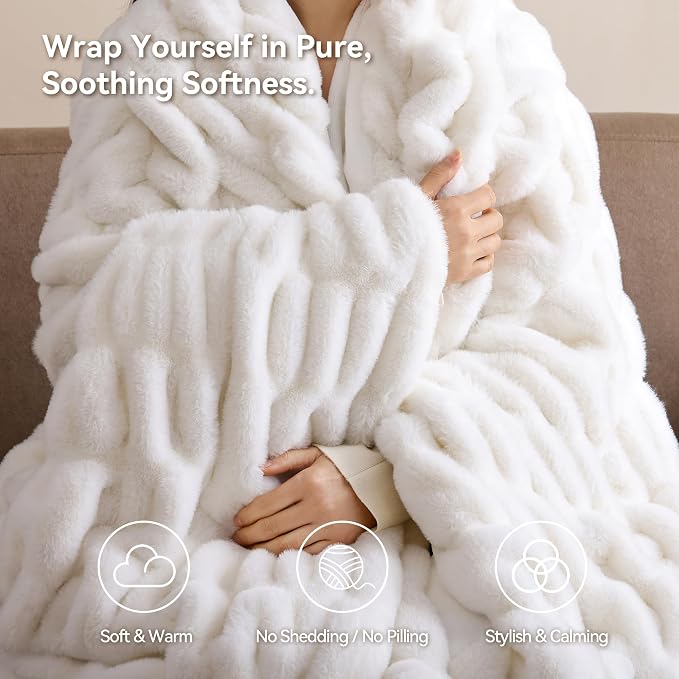 Cream White Fluffy Blanket for Couch -Luxury Faux Rabbit Fur 60"x80" | Ultra Soft & Plush Comfort Ruched Blanket, Cozy Fuzzy Fleece Throw for Sofa, Bed & Office, Gift for Women, White Room Decor