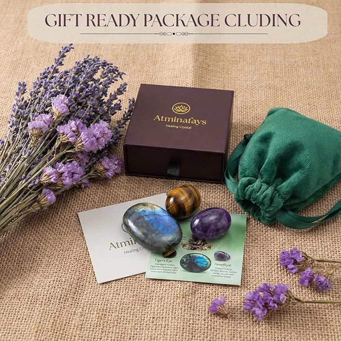 Protection & Anxiety Relief Crystal Set - Polished Palm Stones Labradorite, Tiger Eye & Amethyst, Worry Stones Trio for Meditation, Yoga, Travel Protection, Aura Cleansing & Chakra Balance
