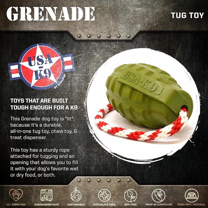 SodaPup USA-K9 Grenade – Durable Dog Tug Toy, Chew Toy & Treat Dispenser Made in USA from Non-Toxic, Pet-Safe, Food Safe Natural Rubber Material for Mental & Physical Stimulation, Bonding, & More