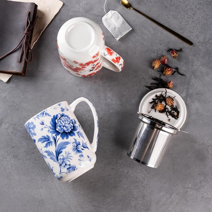 AmorArc Porcelain Tea Mug with Infuser and Lids, 18 Oz Coffee Cup Strainer with Bag Holder for Loose Leaf Tea, Steeping Coffee Mug for House-warming Wedding Birthday Gift