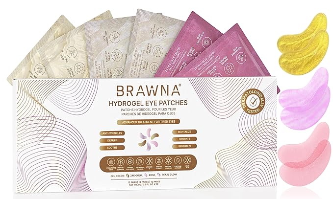 BRAWNA Under Eye Patches – Hydrogel Masks with Retinol, Collagen, Caffeine & Arbutin – For Puffy Eyes, Wrinkles, Dark Circles & Eye Bags – Gift Set – 12 Pairs