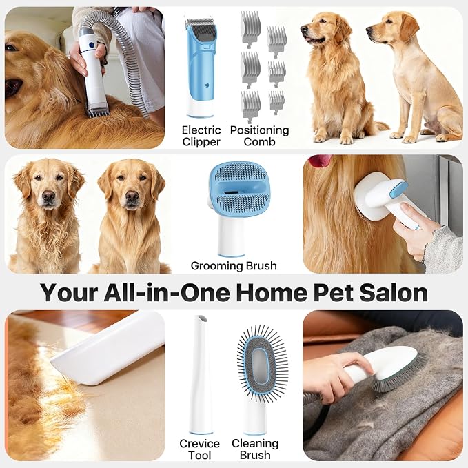 Buenkee Dog Grooming Vacuum Kit, 15000Pa Clipper, Shedding Brush, 2L, Blue | Brush, trim and deshed at home with less flying fur, mess-control suction and fewer emptying breaks during longer sessions
