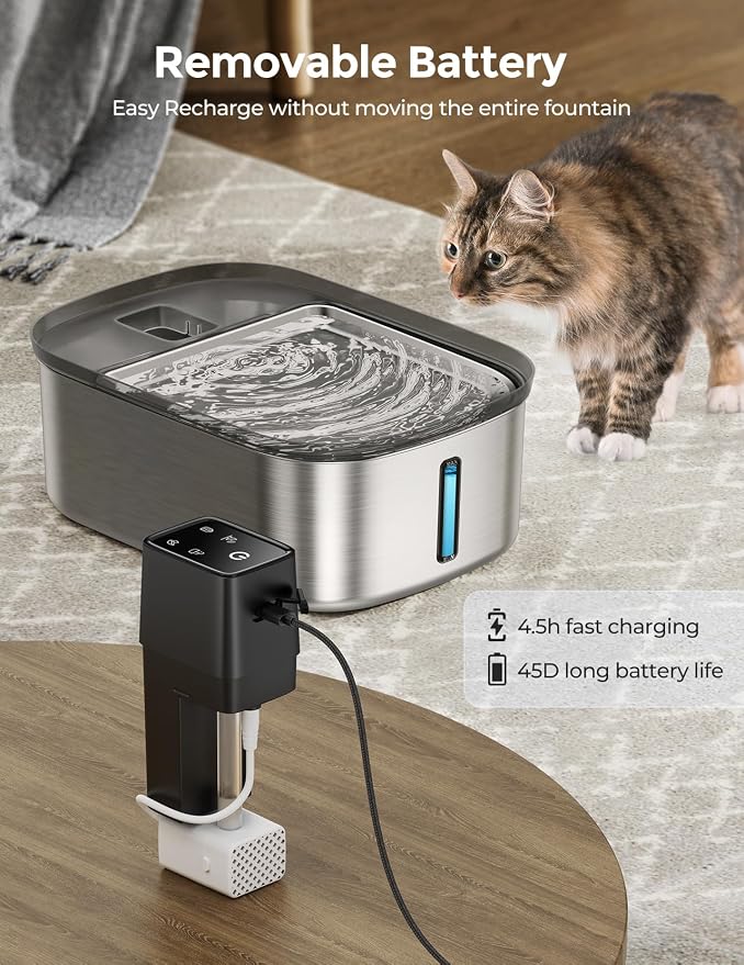 Wireless 7.5l/254oz/2Gal Dog Water Fountain for Large Dogs Stainless Steel | Quiet Pet & Cat Water Fountain with Motion Sensor, Automatic Water Dispenser for Dogs&Multi-Pet Homes Continuous Fresh Flow