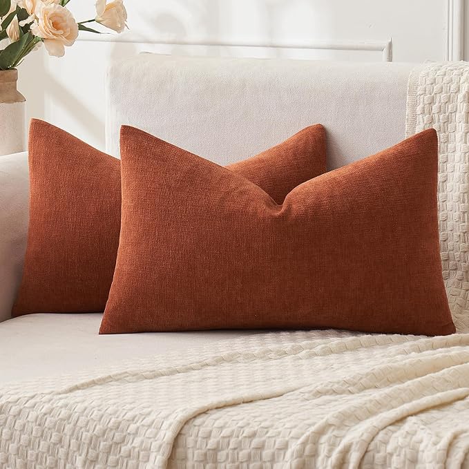 MIULEE Fall Rust Chenille Couch Lumbar Throw Pillow Covers, 12x20 | Set of 2, Soft Farmhouse Modern Home Decor, Decorative Pillowcases for Sofa Living Room Bed