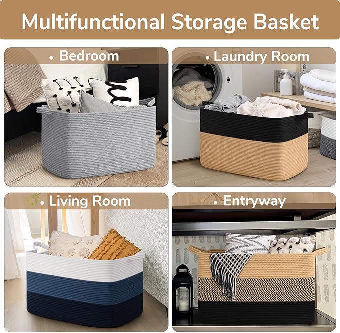 Goodpick 85L Large Woven Rope Blanket Basket, Rectangle, Black & Camel | 23.6'' x 15.7'' x 13.8'' Wicker Storage Basket for Blankets, Pillows & Toys, Home Organization & Decor, Reinforced Handles