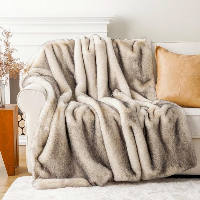 BATTILO Luxury Large Faux Fur Throw Blanket for Couch, 60"x80", Thick | Soft Cozy Mink Plush Warm Elegant Furry Fluffy Faux Fur Blanket for Bed, Sofa, Living Room, Long Pile with Black Tips