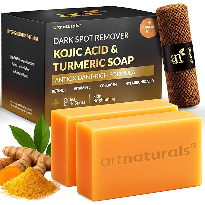 Kojic Acid Soap + African Net Sponge (2 pack X 142g Turmeric bars) Dark spot remover & Scars - Original Japanese Complex Vitamin C, Hyaluronic Acid, retinol, shea butter (Citrus)