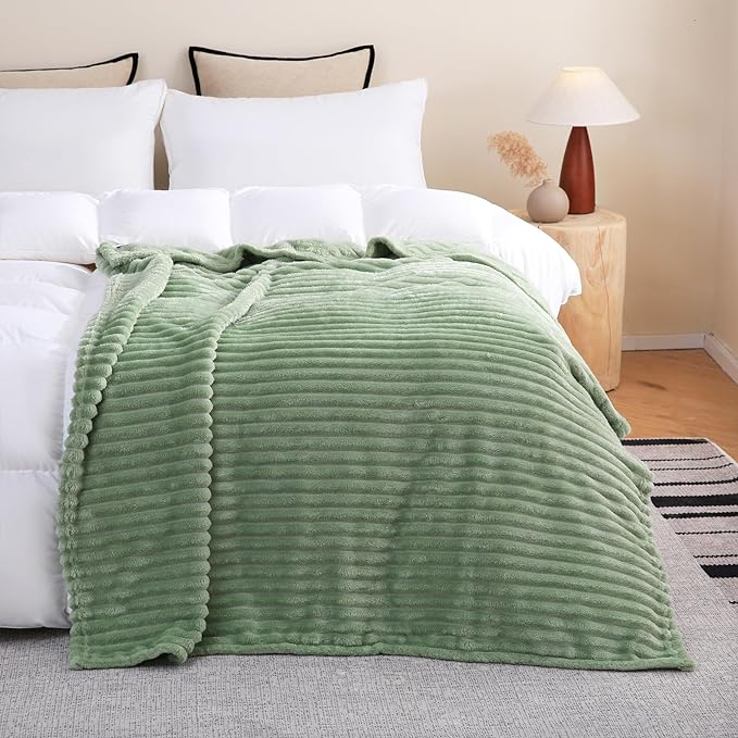 Sage Green Fleece Throw Blanket 60”×80” for Couch Sofa Livingroom | Super Soft Cozy Plush Microfiber Flannel Bed Blanket Striped Design Lightweight Home Decor Gifts for Adults Mom Women