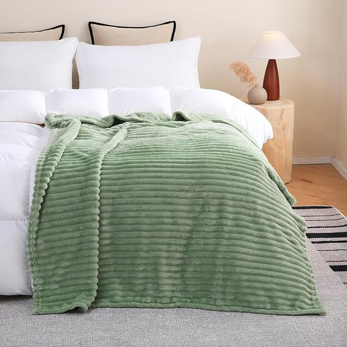 Sage Green Fleece Throw Blanket 50”×70” for Couch Sofa Livingroom | Super Soft Cozy Plush Microfiber Flannel Bed Blanket Striped Design Lightweight Home Decor Gifts for Adults Mom Women