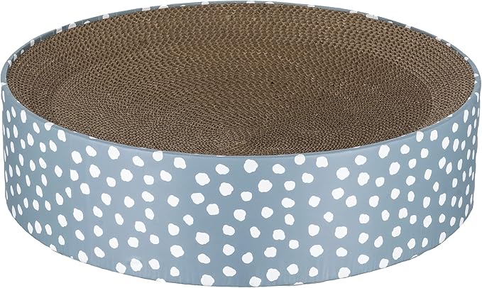 Kitty City Blue Dot Corrugate Scratcher Bed - Round Lounger Scratch Pad with Corrugated Cardboard, Horizontal Nail File Surface, Indoor Kitty Furniture, Cat Enrichment, Sleep, & Play, 15.5” x 15.5”