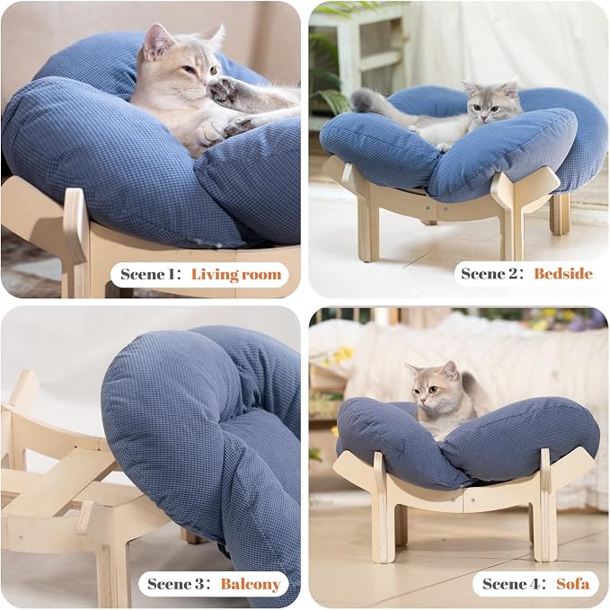 Elevated Cat Bed for Indoor Cats Couch Sofa Flower | Pet Beds with Washable Cushion, Stable Wooden Frame, Raised Cat Hammock & Furniture for Kitty & Puppy All-Season(Deep Blue)