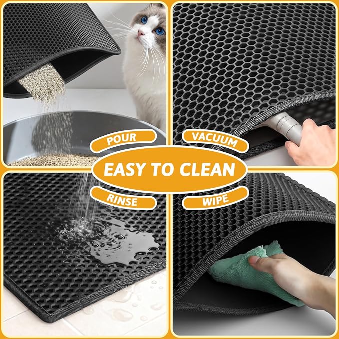 Pieviev Litter Mat, Double-Layer Waterproof Trapping Mat, 36" x 30" Black | Honeycomb Design Catches Scattered Particles to Stop Tracking, Urineproof Base Protects Floors, Easy to Clean